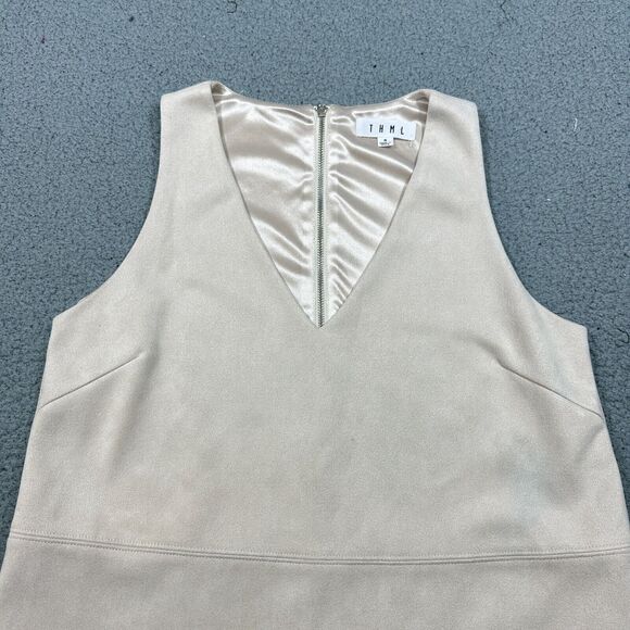 THML Dress Womens Sz.Small Beige Faux Suede V-neck w/Exposed Zipper - Picture 3 of 14
